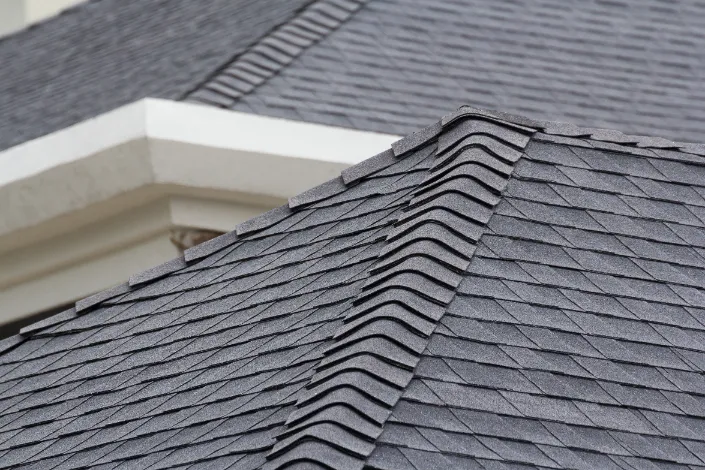 Close-up view of a house roof covered with dark gray asphalt shingles, showing clean edges and neatly aligned rows.